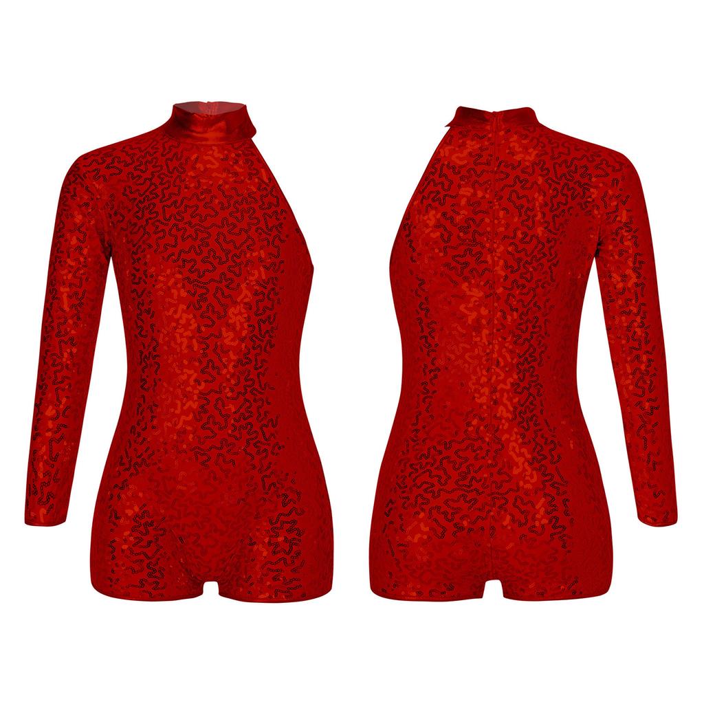 Kids Girls Single Long Sleeve Gymnastics Leotard Sequins Ballet Dance Unitards Short Jumpsuit