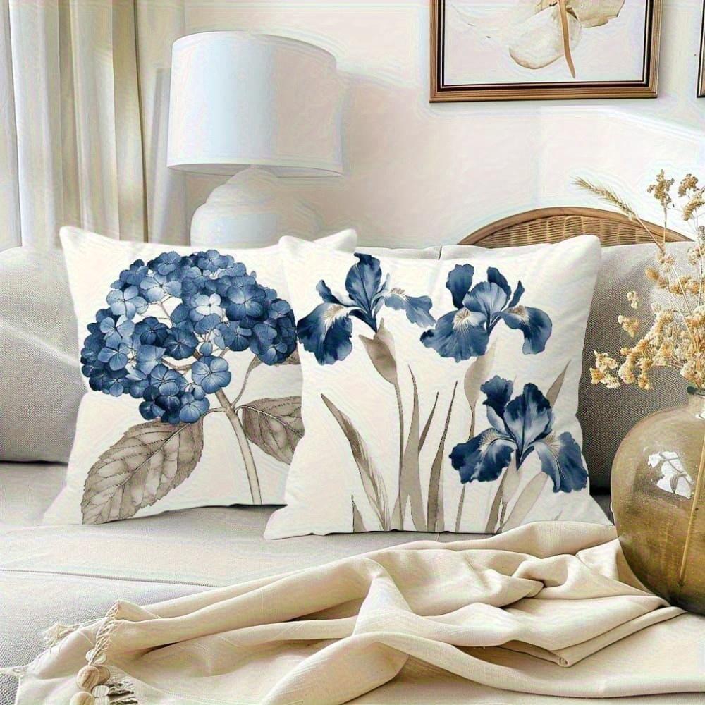 Blue Hydrangea Lily Throw Pillow Covers, Watercolor Iris Floral Print Cushion Cases Botanical Home Decor For Bedroom Living Room