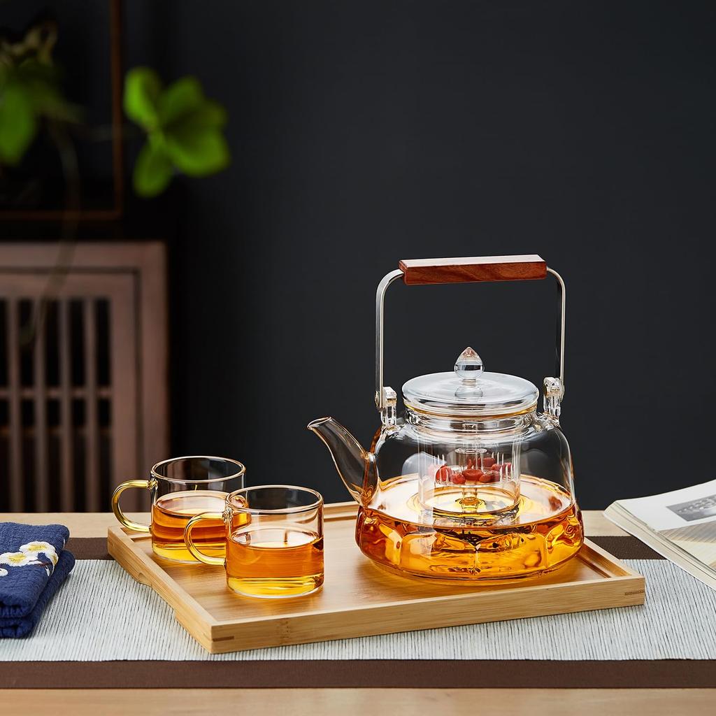 Pokaro Tea Heat-Resistant Glass Teapot, 1060ml, Integrated Steamer, Tea Strainer, Lotus-Shaped Glass Bottom, Clear Design, Wooden Handle, Perfect for