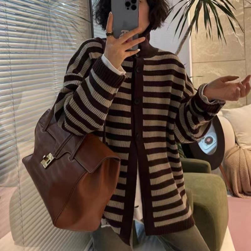 Осень и зима новый контрастный цвет полоски свободный верх ленивый стиль вязаный кардиган мягкий восковой повседневный свитер куртка женская