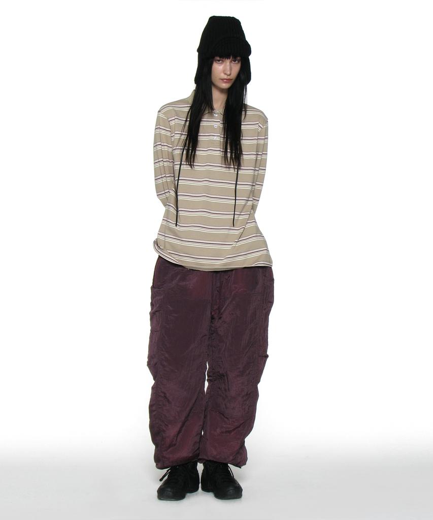 PARTIMENTO WOMEN Striped Long Sleeve Polo Tee_Dusty Beige