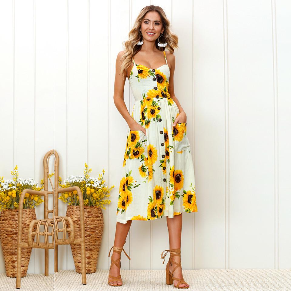Sexy V Neck Backless Floral Summer Beach Dress Women Striped Button Pineapple Party Midi Dresses
