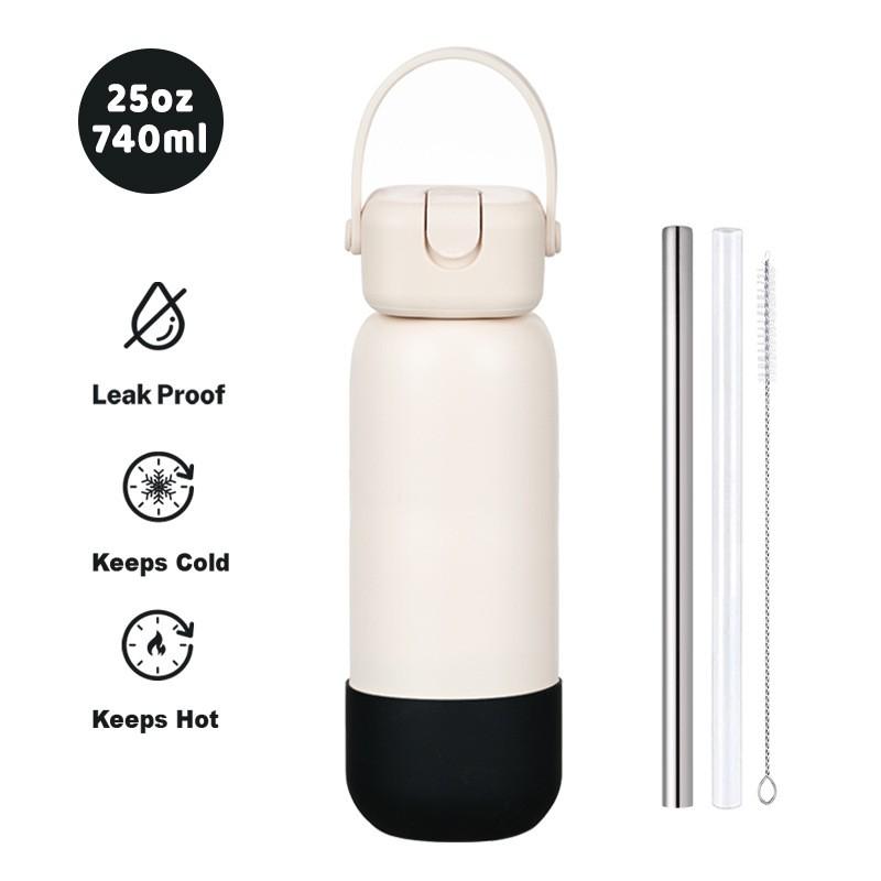740ml Stainless Steel Vacuum Insulated Water Bottle With Carry Strap Leakproof Sport Cup Outdoor Hiking Gym Office Travel
