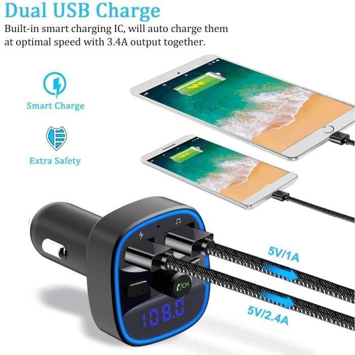 Transmetteur fm bluetooth, bluetooth 5.0 voiture adaptateur radio lecteur mp3 kit main libre sans fil, chargeur allume cigare avec