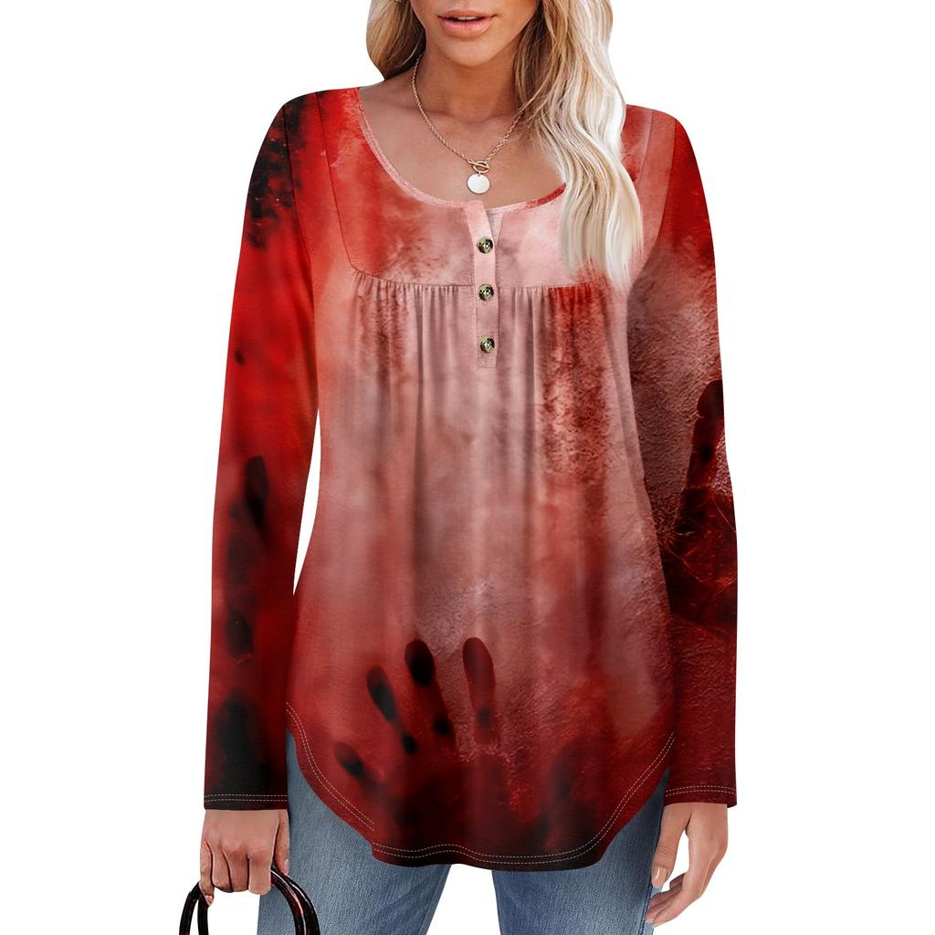 Женская туника с длинным рукавом, свободные топы, повседневные топы оверсайз, плиссированная туника, застегивающаяся на пуговицы, повседневные женские топы с принтом