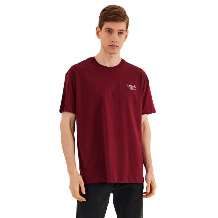 men's burgundy short sleeve t-shirt with minimalist chest logo, relaxed fit crew neck soft cotton blend for casual daily wear