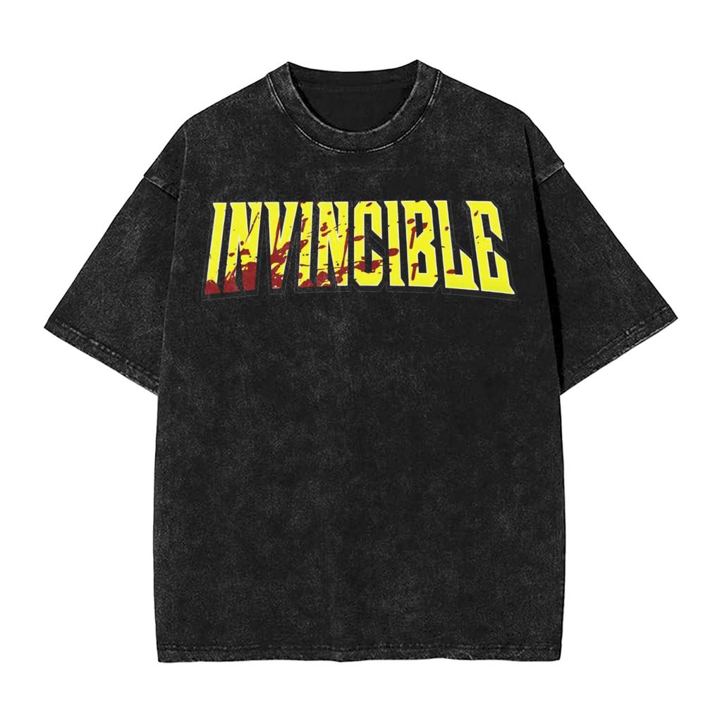 INVINCIBLE Blood Stained Logo Washed T Shirts Streetwear Novelty T-Shirt Tee Shirt for Men Women Cotton Streetwear