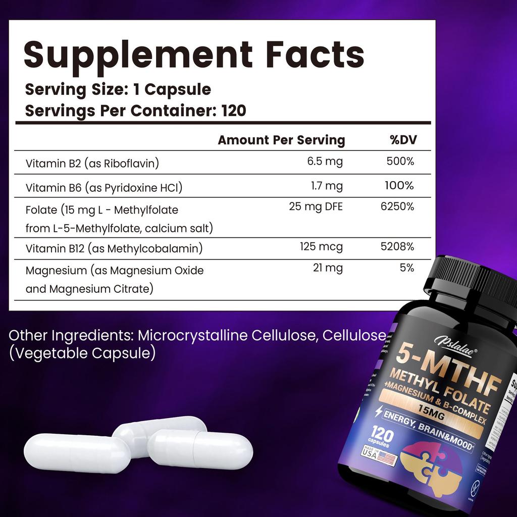 5-MTHF Methylfolate Dietary Supplement: Supports brain health, improves mood, and boosts energy. 120 capsules.
