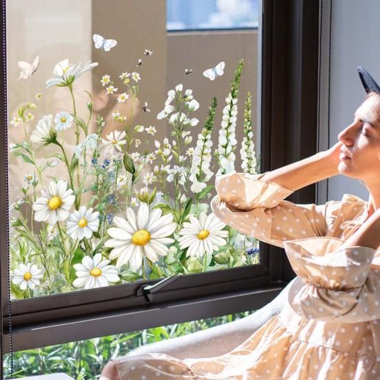 Белый цветок Статичная наклейка на стекло Съемная Водонепроницаемая ПВХ Цветочная Статическая наклейка на окно Весенний Декор для дома Офиса Гостиной Наклейка