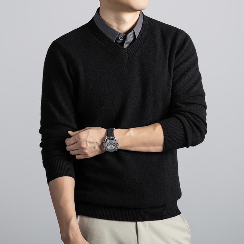 2025 Men's Thick Wool V-Neck Lapel Sweater - Fake Two-Piece Business Knitwear