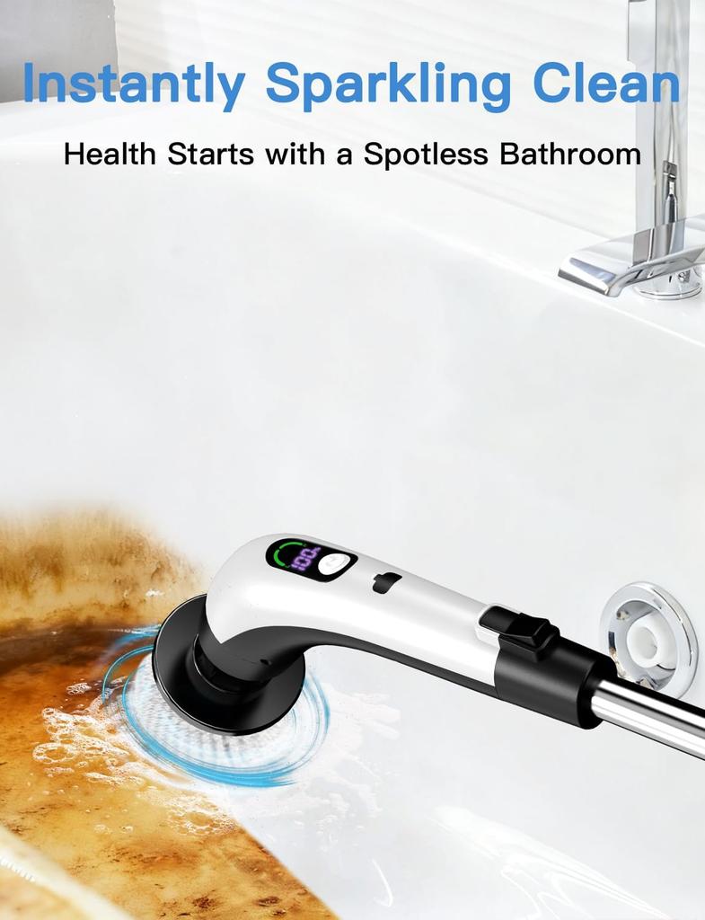Power LCD Display, Cordless Bathroom Cleaning Brush with Adjustable Extension Handle,