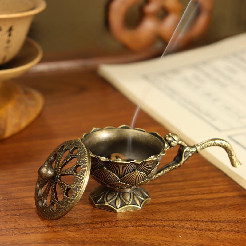 Lotus Flower Incense Burner With Handle Retro Copper Lotus Hollow Out Incense Stick Burner Brass Small Metal Craft Home Decor