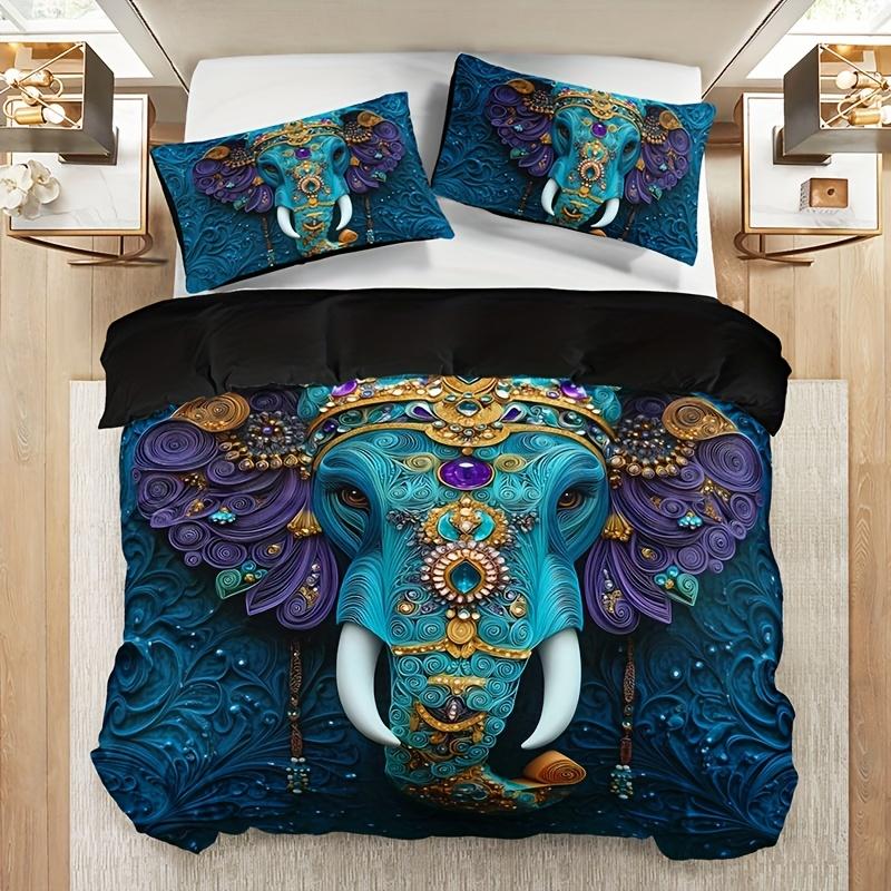 Ethnic Style Tribal Retro Elephant Print Quilt Cover Set Quilt Cover+2 Pillowcases High-Definition Printing For Home All Seasons