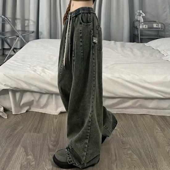 Женские джинсы с широкими штанинами длиной до пола, свободные джинсовые шнурки с эластичной резинкой на талии, сплошной цвет в стиле хип-хоп, уличная одежда, глубокие карманы с промежностью, винтажные прямые длинные брюки