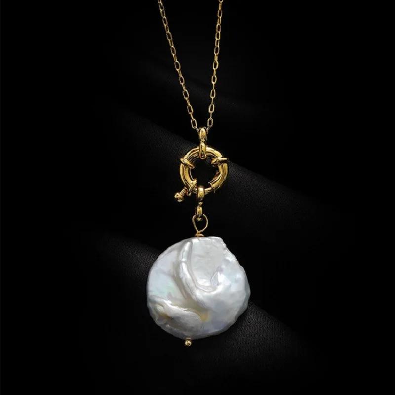 Women Baroque Freshwater Pearl Choker Necklace With 14K Real Gold Circle Pendant And Toggle Clasp Gift