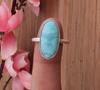 Solid 925 Sterling Silver Natural larimar Gemstone Long Oval Gemstone handmade Ring Designer Ring