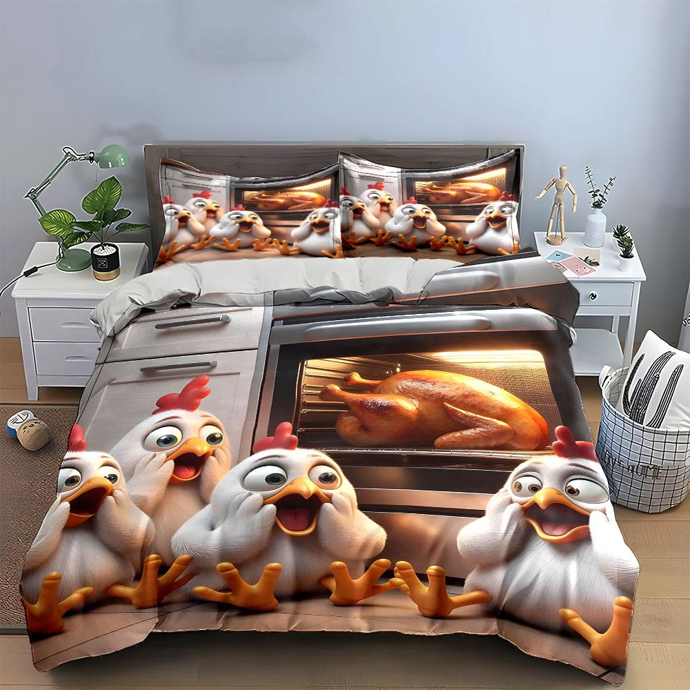 "Animated Chicken Trio Kitchen Surprise" Exquisite three-piece bedding set gift for kids and adults