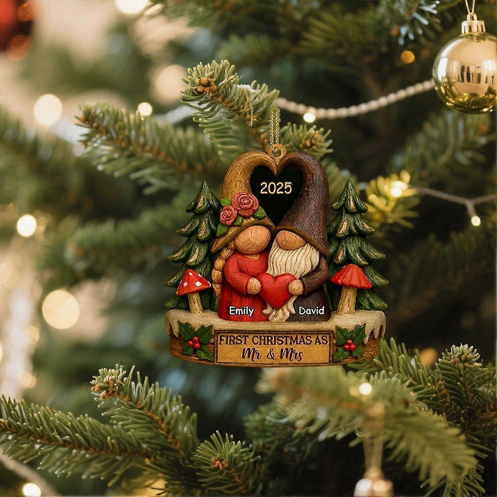 First Festival As Mr & Mrs, Rustic Gnome Couple Holding Heart Wooden Ornament