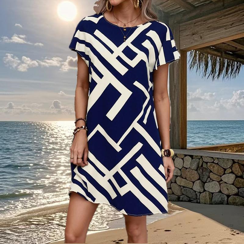 Женская мода Изящный Ретро Принт Летнее Весеннее Платье с Коротким Рукавом и Круглым Вырезом Повседневные Платья