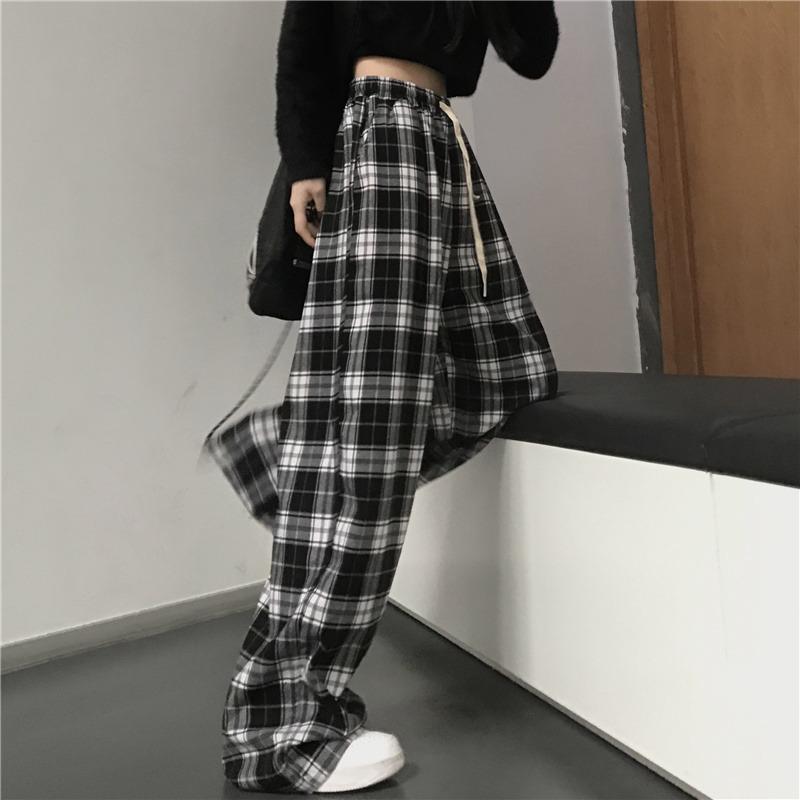 Women's Black & White Plaid Wide-Leg Pants - Summer Korean Style, Loose and Draped Fit