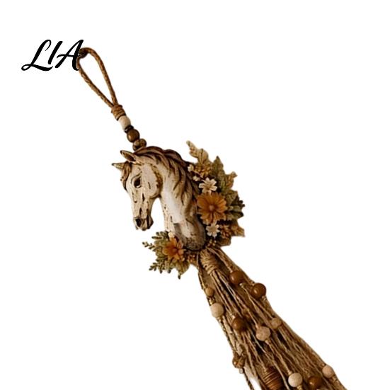 Artistic Wall Decor for Living Room Farmhouse Horse Decor, Boho Head Hanging Ornament with Wood Beads Bohemian Style Decoration Tassels, Rustic