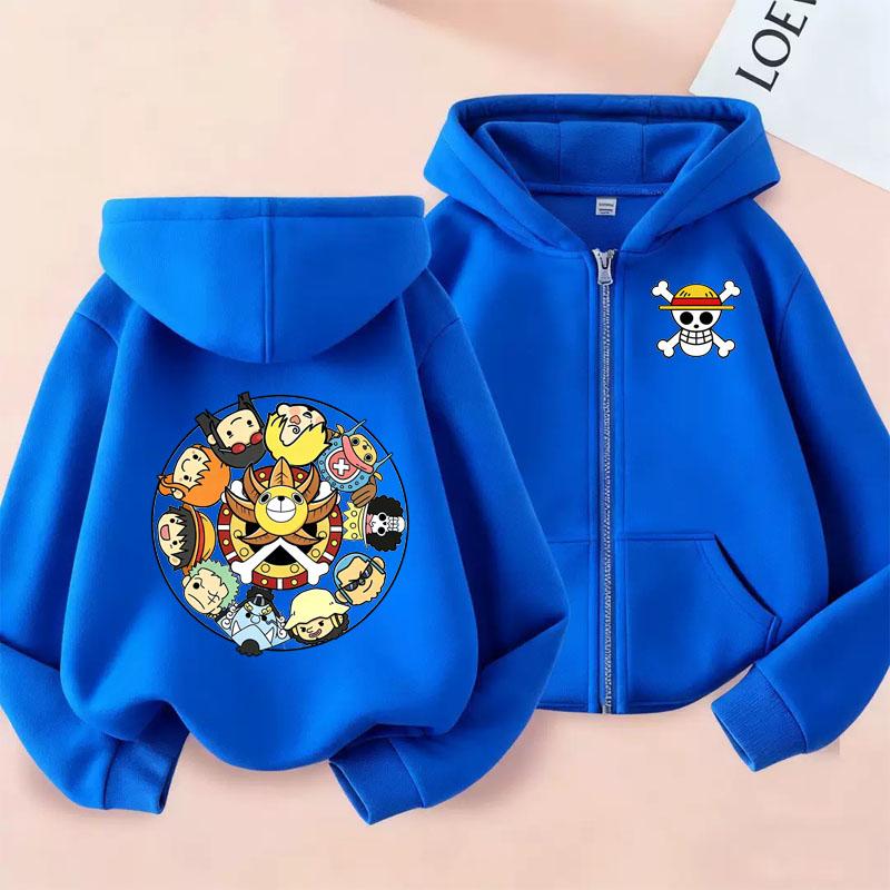 Одежда с мультяшным принтом Аниме One Piece Толстовка на молнии Детская с длинным рукавом Худи с капюшоном Луффи Повседневный топ с принтом для мальчиков и девочек