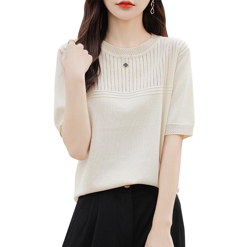 Ice Silk Short Sleeve T Shirt With Knitted Hollow Design For Summer Casual Women