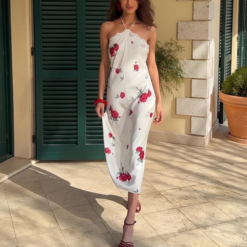 1116 European and American new women's clothing, French floral dress, lace lace splicing backless sexy temperament dress