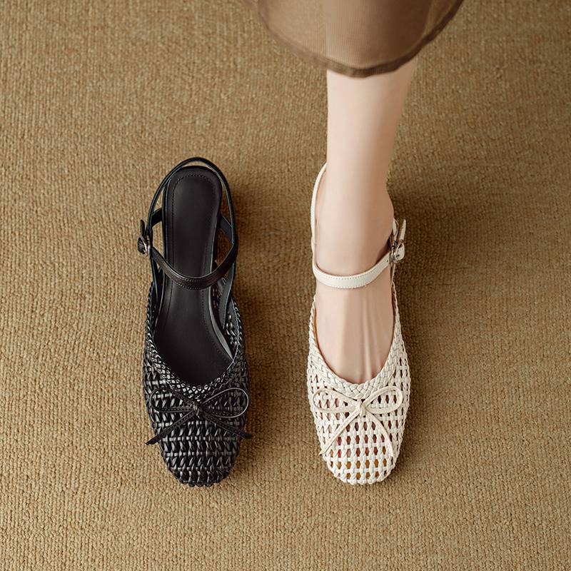Krazing Pot Микрофибра Плетение Летний Размер 41 Средний Каблук Слингбэк Вечерние Туфли Женские Квадратный Носок Бант Гладиаторские С Вырезами Лодочки