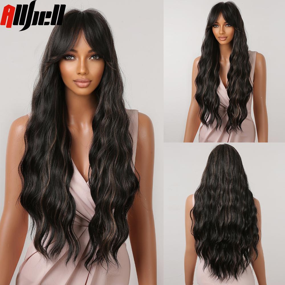 Длинные черные парики из синтетических волос со светлыми челками, естественная волна для женщин, костюм для косплея на Хэллоуин, парик, термостойкий для вечеринок