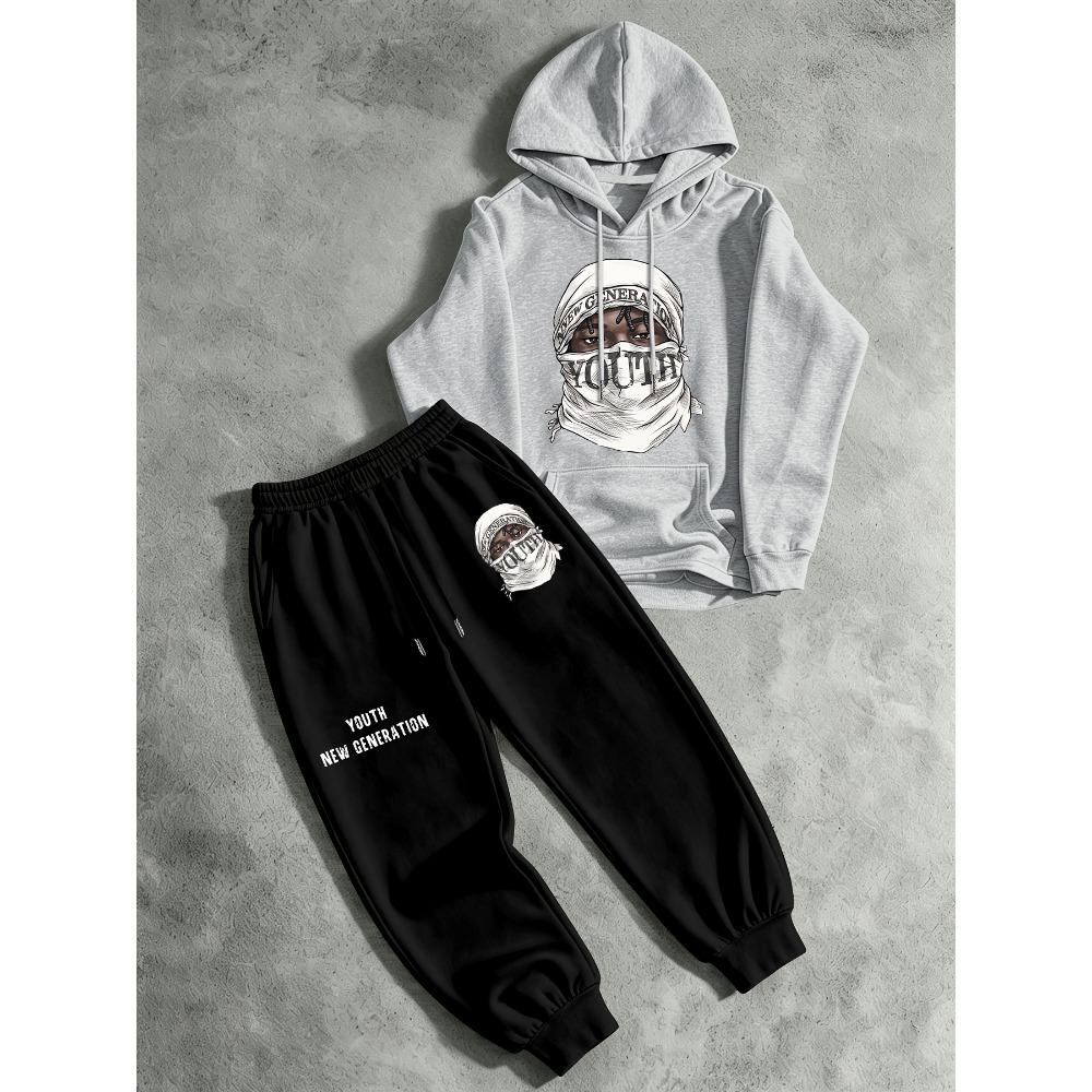 Men's Printed Hooded Sweatshirt and Pants Two Piece Set High Street Drawstring Sports Suit Soft and Skin Friendly Trendy Street Style