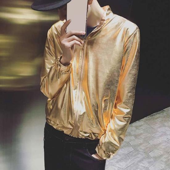 Мужское пальто со стойкой воротником, длинными рукавами, застежкой на молнии, карманами, однотонное, весенне-осеннее, с глянцевым дизайном, верхняя одежда