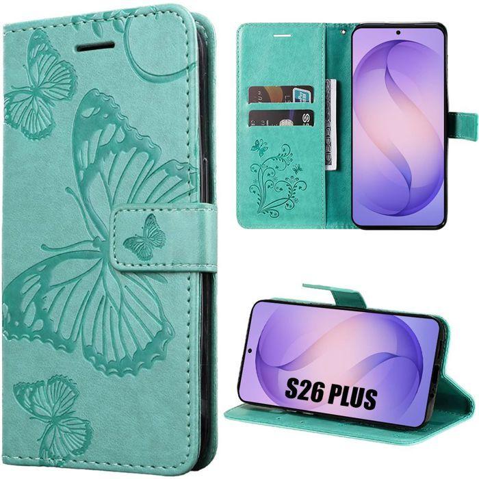 Coque Intégrale - BOOLING - pour Samsung Galaxy S26 Plus - Cuir Synthétique - Motif Papillon Vert