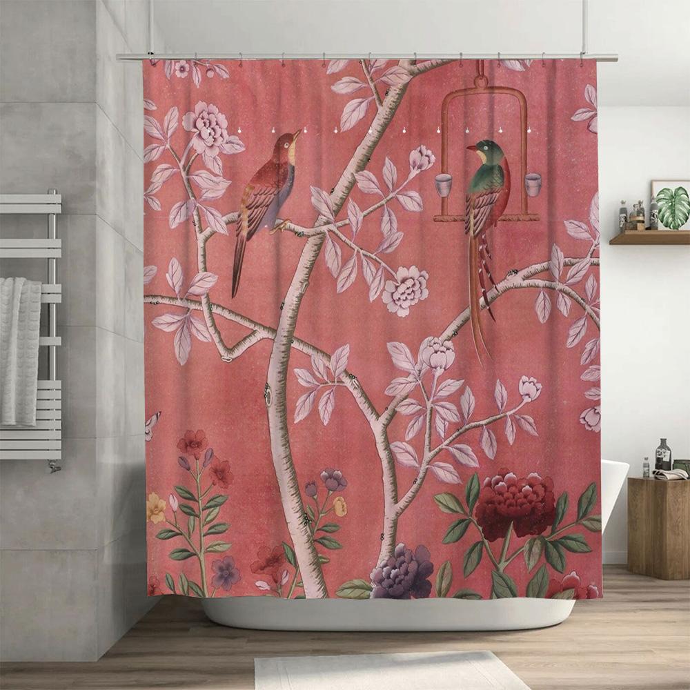 Vintage Bird Bathing Shower Curtain Decorative Home Decoration Pink Floral Design Bathroom Linen 72X84
