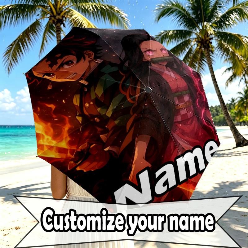 Custom Name Personalized Demon Slayer Print Umbrella, Auto Open Close, 8‑Rib Sturdy Frame, Commute Camping Hiking Use, Birthday Gift