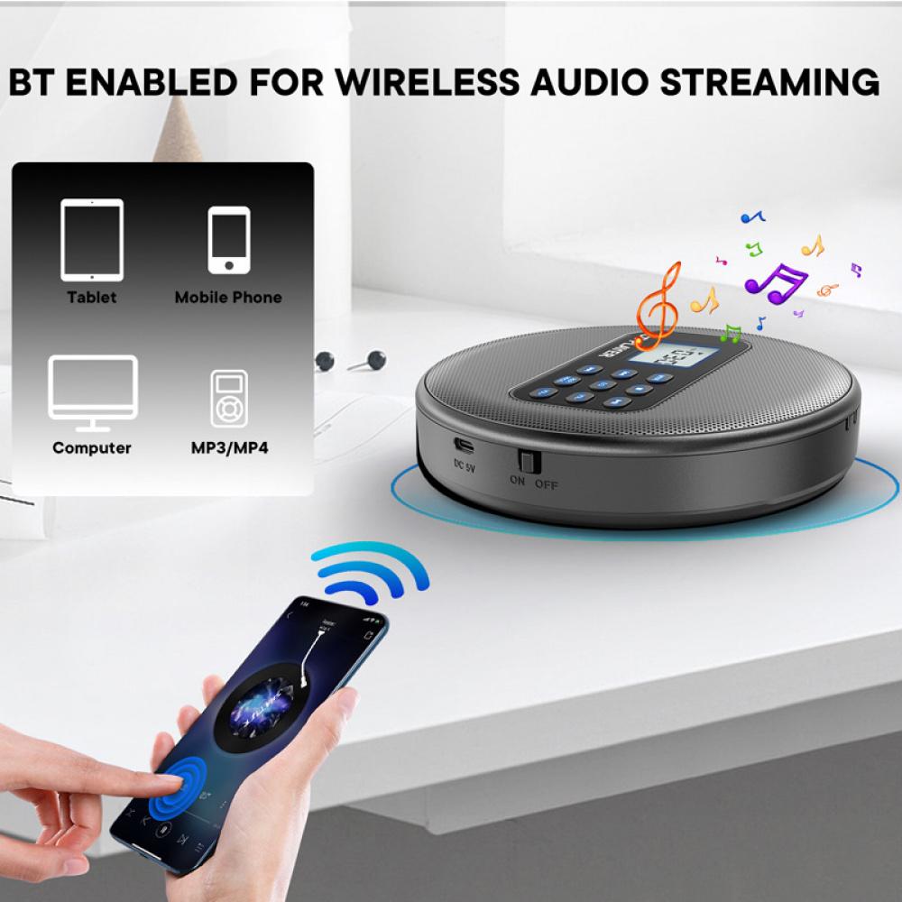 Портативный CD-плеер со встроенными стереодинамиками, Bluetooth 5.1, перезаряжаемая батарея 1500 мАч, поддержка воспроизведения CD/MP3/USB, защита от скачков, настройки эквалайзера