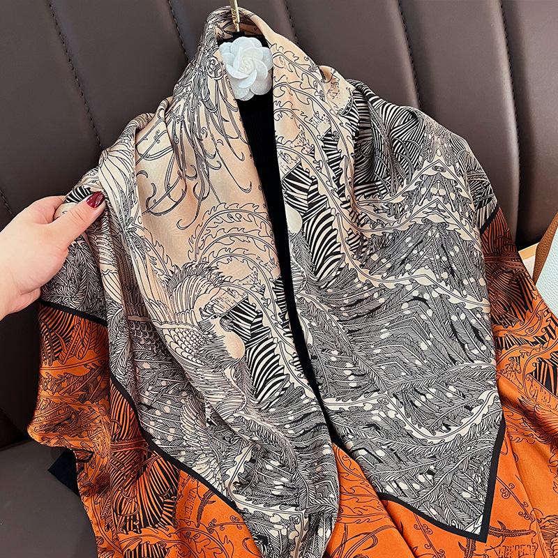 Orange vine line silk scarf fashion printing square scarf new summer thin versatile imitation silk shawl square scarf