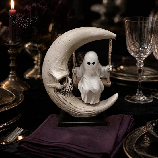 Holiday Souvenir Halloween Ghost Swing Figurine, Spooky on A Moon Statue, Unique Ornament Resin Gothic Home Decoration for Desktop, Mantel, Fireplace,