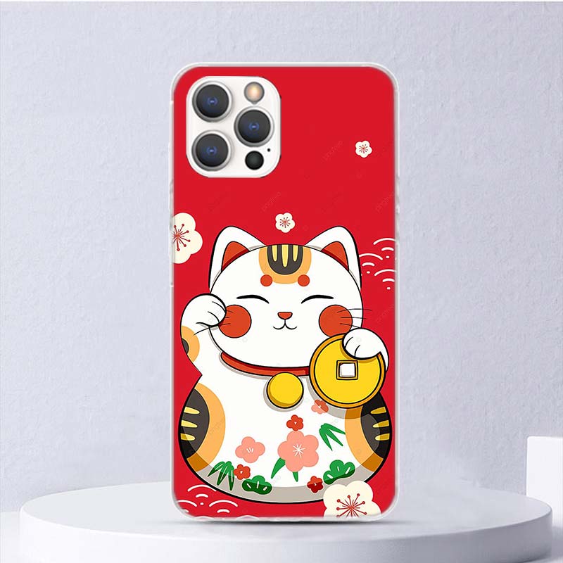 Счастливый Кот Манеки Неко Японский Мягкий Чехол Для iPhone 16 17 Air 16E 15 Plus 11 12 13 Mini 14 Pro Max Чехол Для Телефона Apple 7 8 SE Coqu