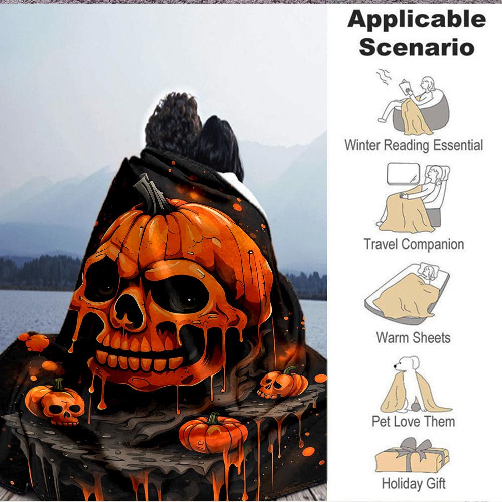 1PC Pumpkin Skull Halloween Decoration Print Blanket, Soft Throw Blanket - Warm & Cozy for Couch, Bed, Office, and Travel yy250912216