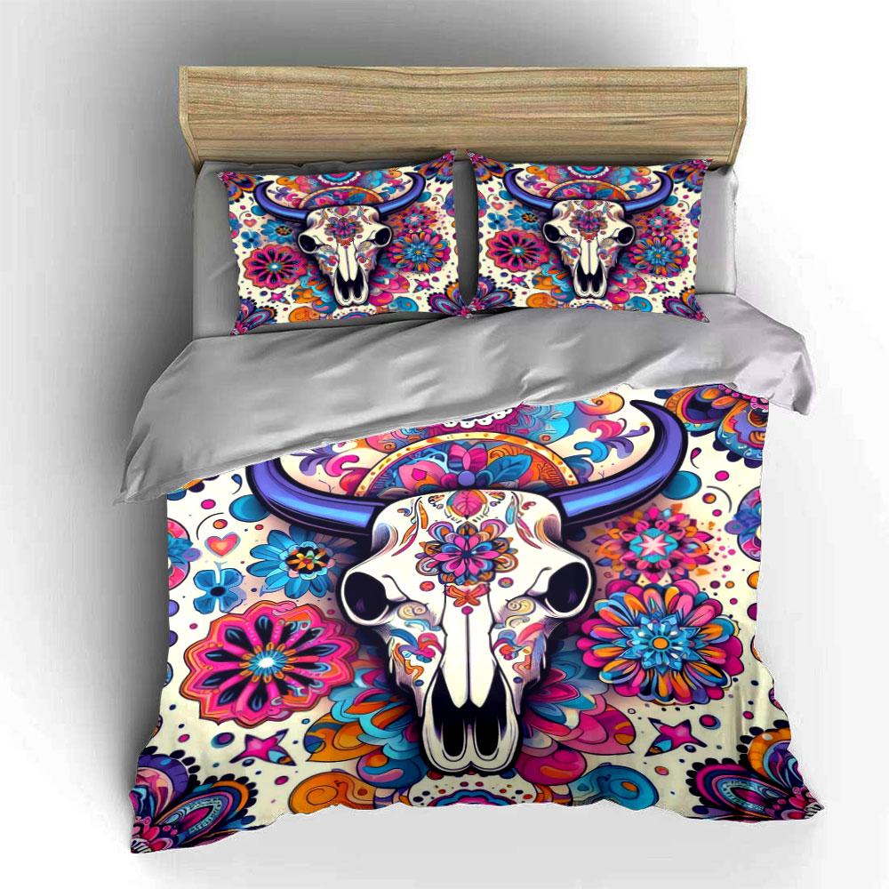 Colorful bull skull design. Bedding sets Duvet cover sets Duvet covers Pillowcases(1 * Duvet Cover 2 * Pillowcases without duvet insert)