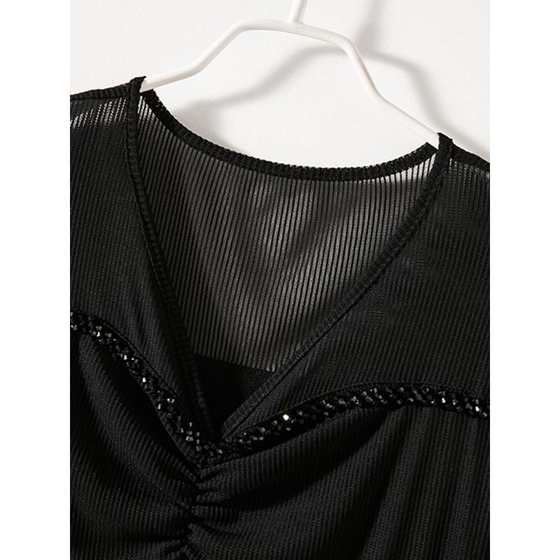 Waffle Stretch Cotton Yarn! Half Cut Out Women's Summer Small V-neck Rhinestone Black Slim Looking T-shirt Age-Reducing Breathable