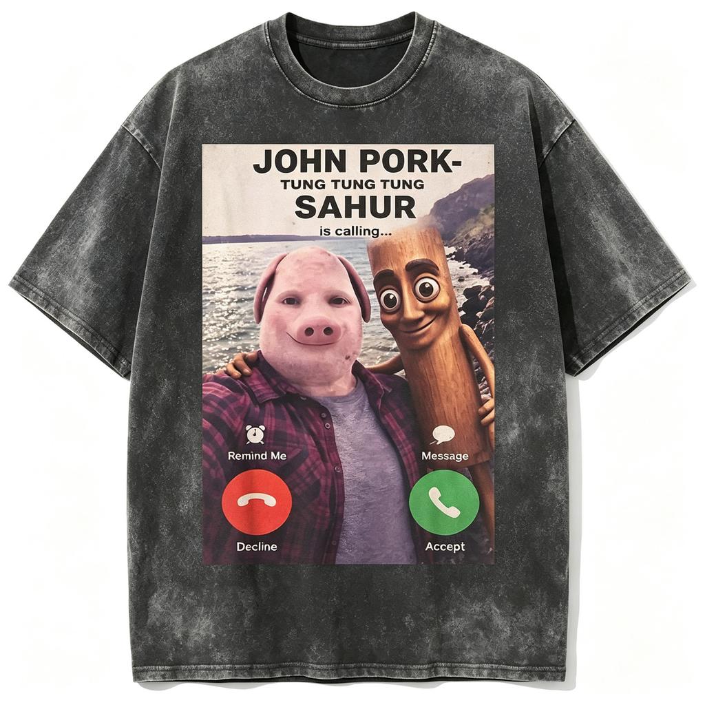 Мем-футболка с графикой "John Pork Sahur Calling" Смешная стираная черная унисекс футболка