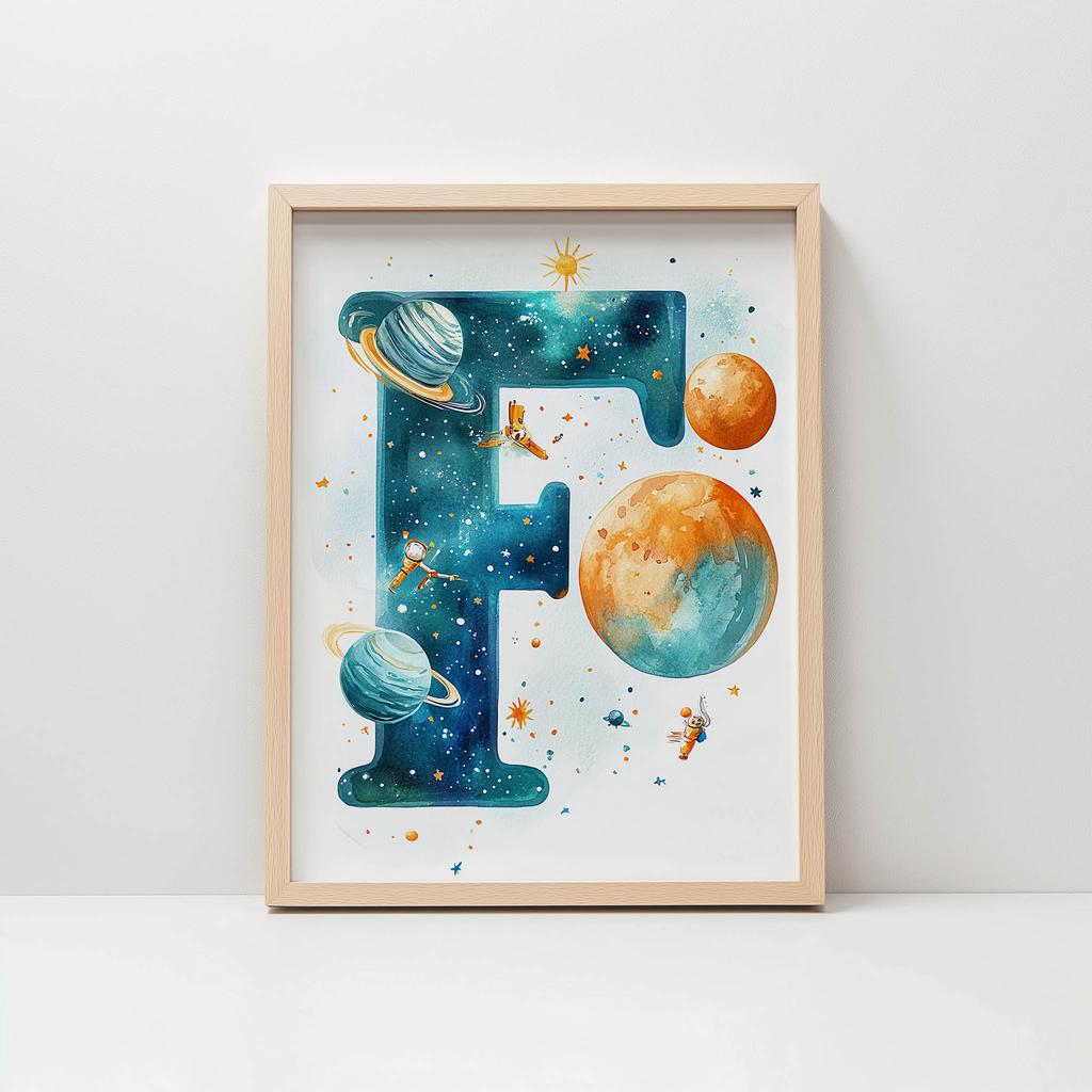 Poster "Letter F In Space" Poster "Letter F In Space, 30X40 Cm, Gold Aluminum Frame, 230 Gsm Matte Paper