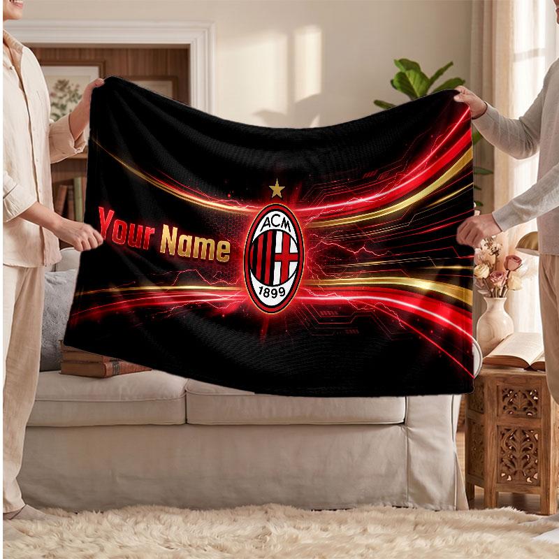 AC Milan Personalized Fleece Blanket With Football Logo, Custom Name Text Soft Warm Home Throw Blanket