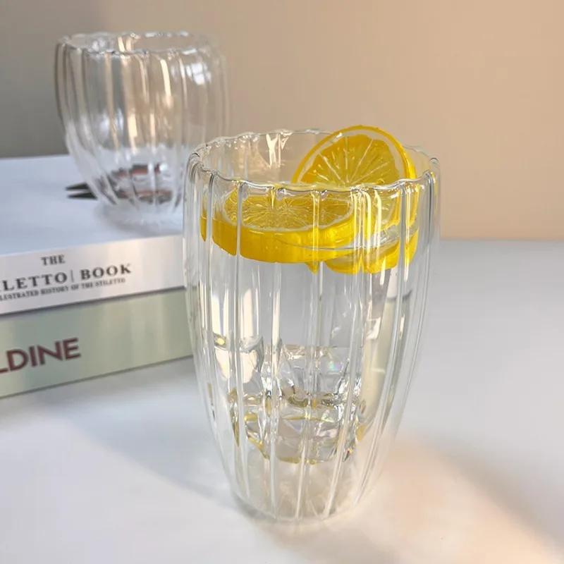 250/350/450 мл стеклянная кружка с полосками, с двойными стенками, из боросиликатного стекла, термостойкая, для чая, молока, сока, виски, эспрессо, кофе, кружка ручной работы