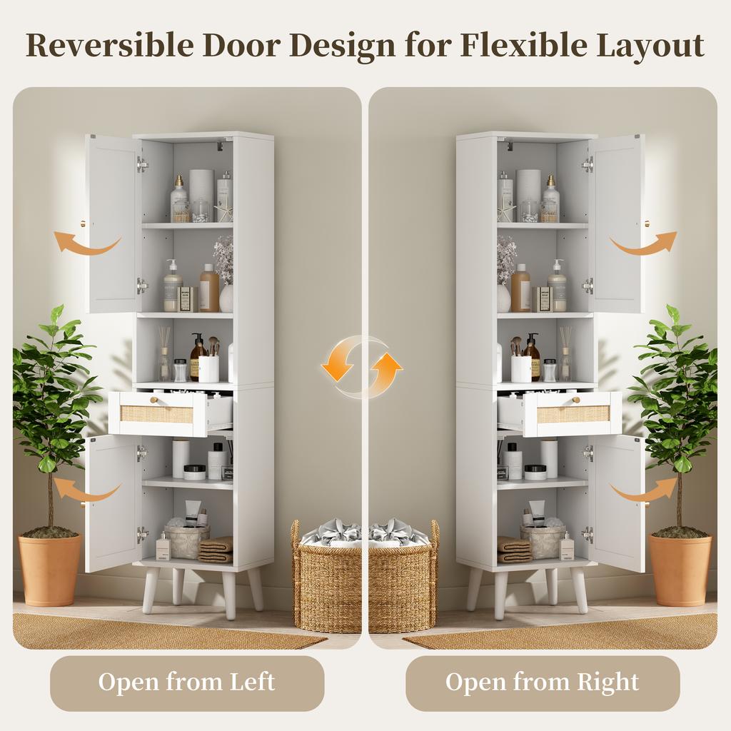 Tall Freestanding Bathroom Cabinet, Rattan Doors, Reversible Left-Right, Drawer, Magnetic Closure, Soft-Close Hinges, 40×30×166 cm, White