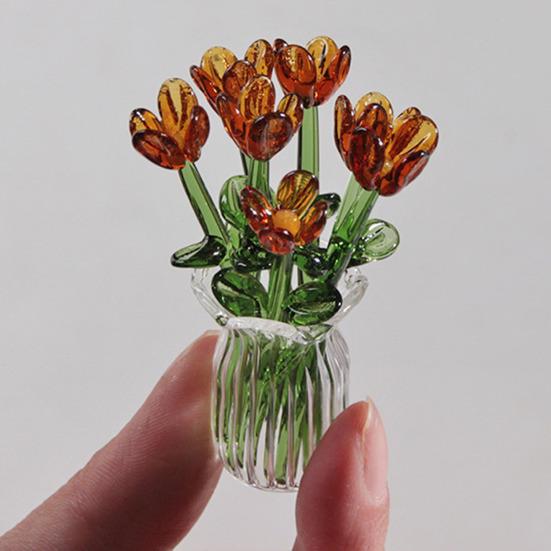 Glass Flower Bouquet with Vase Hand-Blown Mini Flower Decoration Home Living Room Handmade Simulation Floral Ornament with
