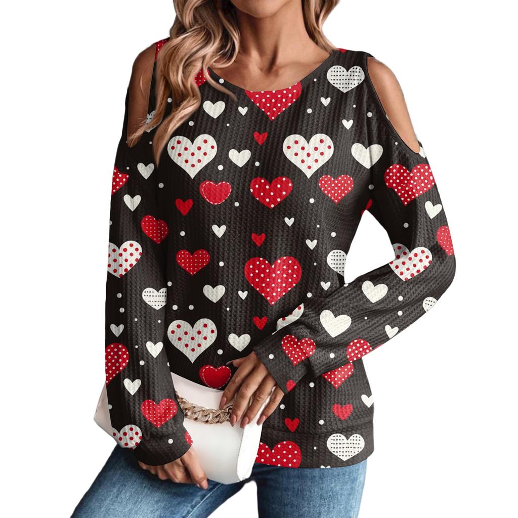 Women's Winter Oversized T-Shirt Fashionable Off-the-Shoulder Round Neck Vintage Floral Print Pullover Long-Sleeved Top