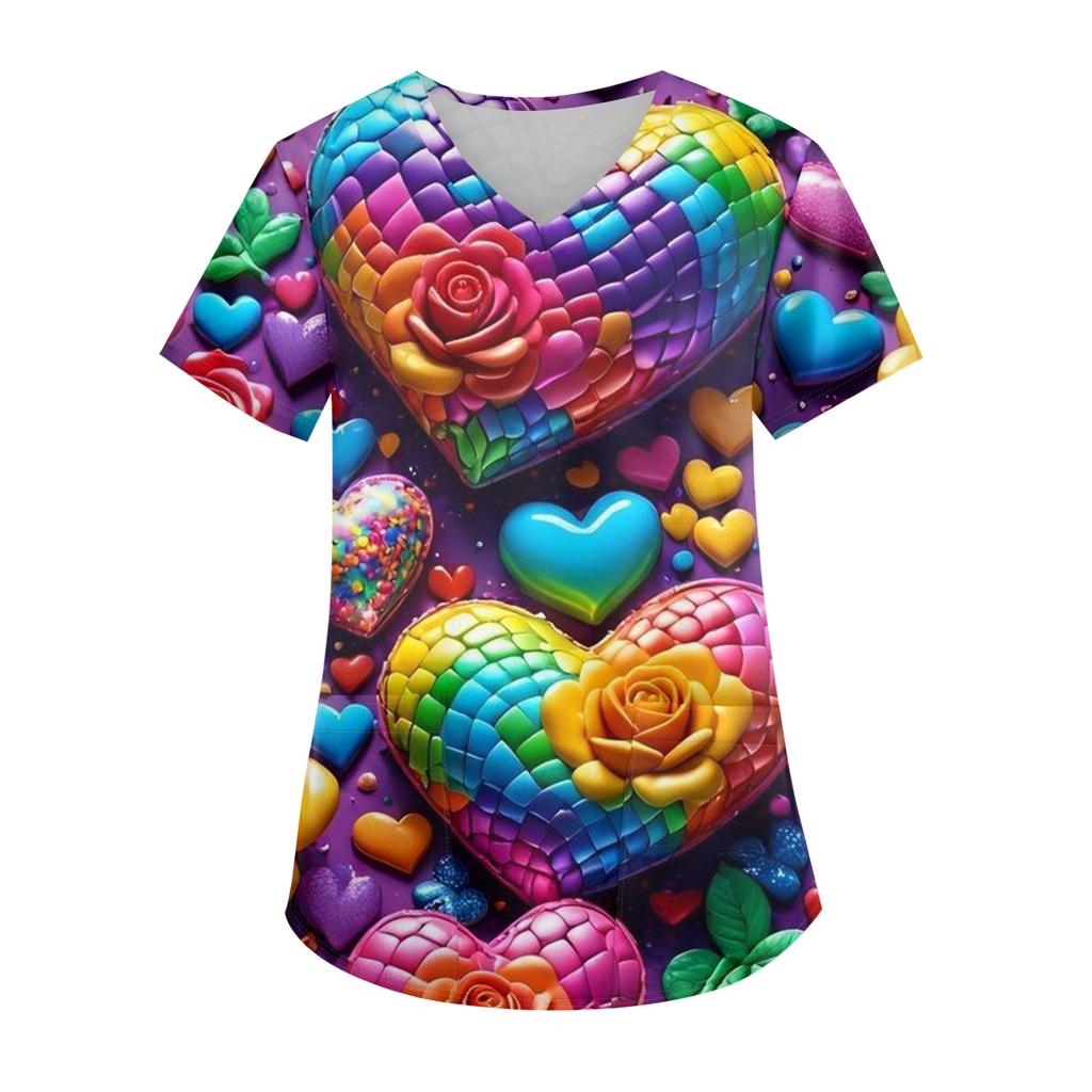 Женская модная футболка с V-образным вырезом, карманом и короткими рукавами с принтом ко Дню святого Валентина, униформа и топ для воспитателя
